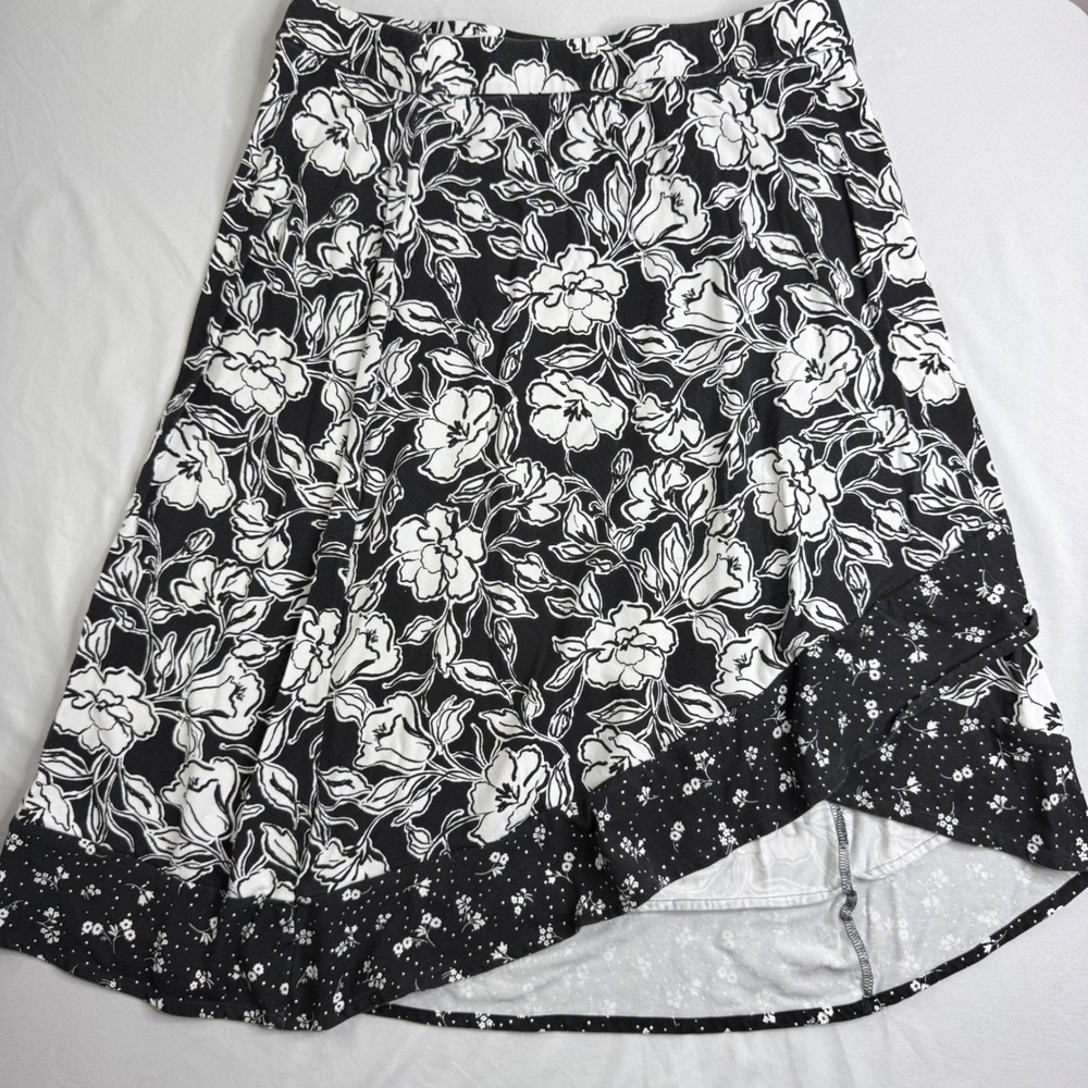 Isaac Mizrahi Live Black White Floral Ruffle Hem Midi Skirt XL Petite XLP